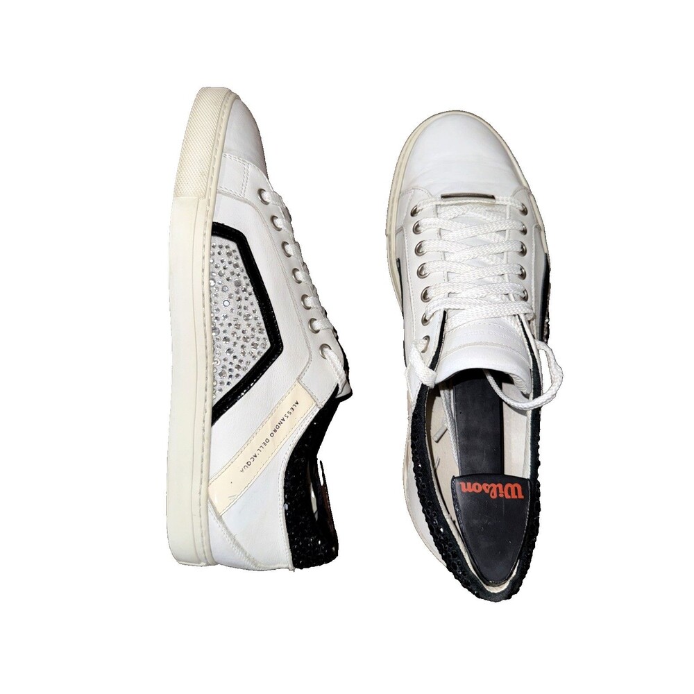 Alessandro Dell Acqua Crystal Leather Fashion Sneakers White Black EU41 US10